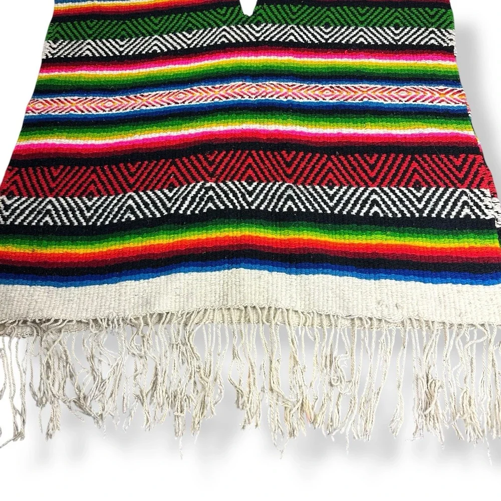 Vintage Mexican Serape Poncho Large Heavy‎ Textile Woven Wool 70x74 w/ Fringe
